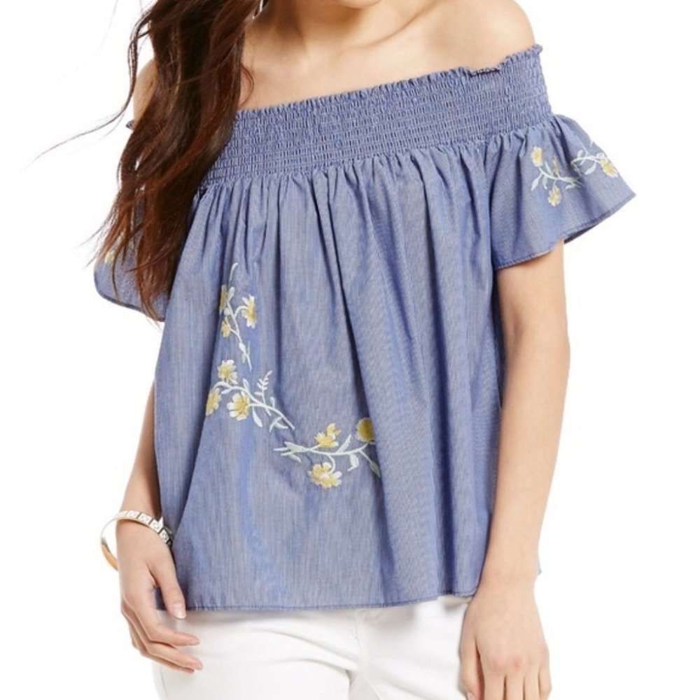 Daniel Cremieux Striped Off Shoulder Floral Embroidered Cotton Swing Blouse